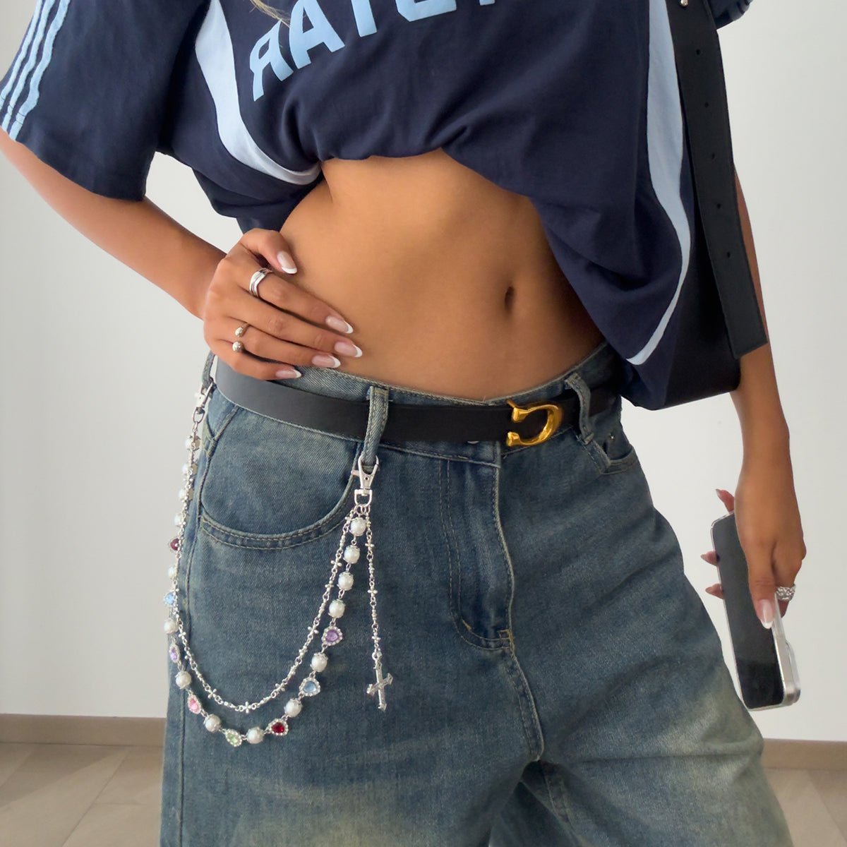 Chic Layered Cross Pendant Heart Rhinestone Pearl Trouser Chain - ArtGalleryZen