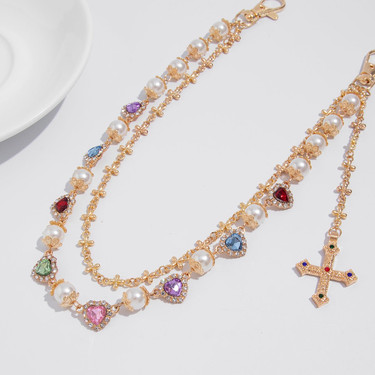 Chic Layered Cross Pendant Heart Rhinestone Pearl Trouser Chain - ArtGalleryZen