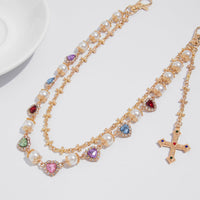 Thumbnail for Chic Layered Cross Pendant Heart Rhinestone Pearl Trouser Chain - ArtGalleryZen