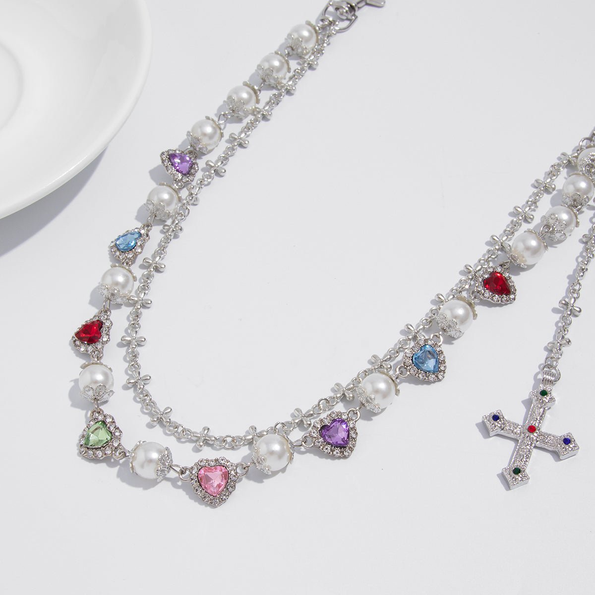 Chic Layered Cross Pendant Heart Rhinestone Pearl Trouser Chain - ArtGalleryZen