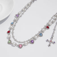 Thumbnail for Chic Layered Cross Pendant Heart Rhinestone Pearl Trouser Chain - ArtGalleryZen