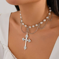 Thumbnail for Chic Layered Cross Pendant Pearl Chain Necklace - ArtGalleryZen