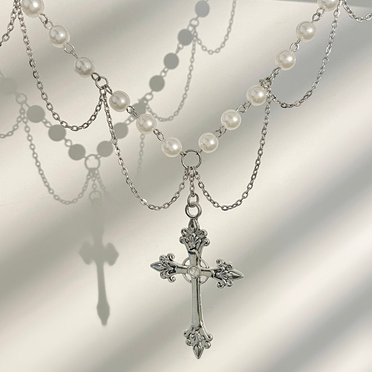 Chic Layered Cross Pendant Pearl Chain Necklace - ArtGalleryZen