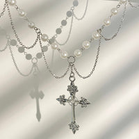 Thumbnail for Chic Layered Cross Pendant Pearl Chain Necklace - ArtGalleryZen