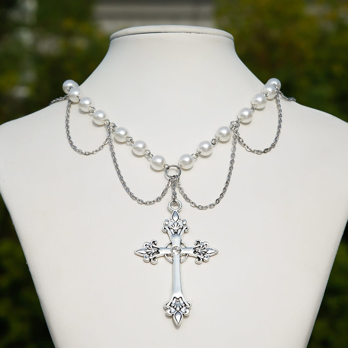 Chic Layered Cross Pendant Pearl Chain Necklace - ArtGalleryZen