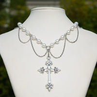 Thumbnail for Chic Layered Cross Pendant Pearl Chain Necklace - ArtGalleryZen