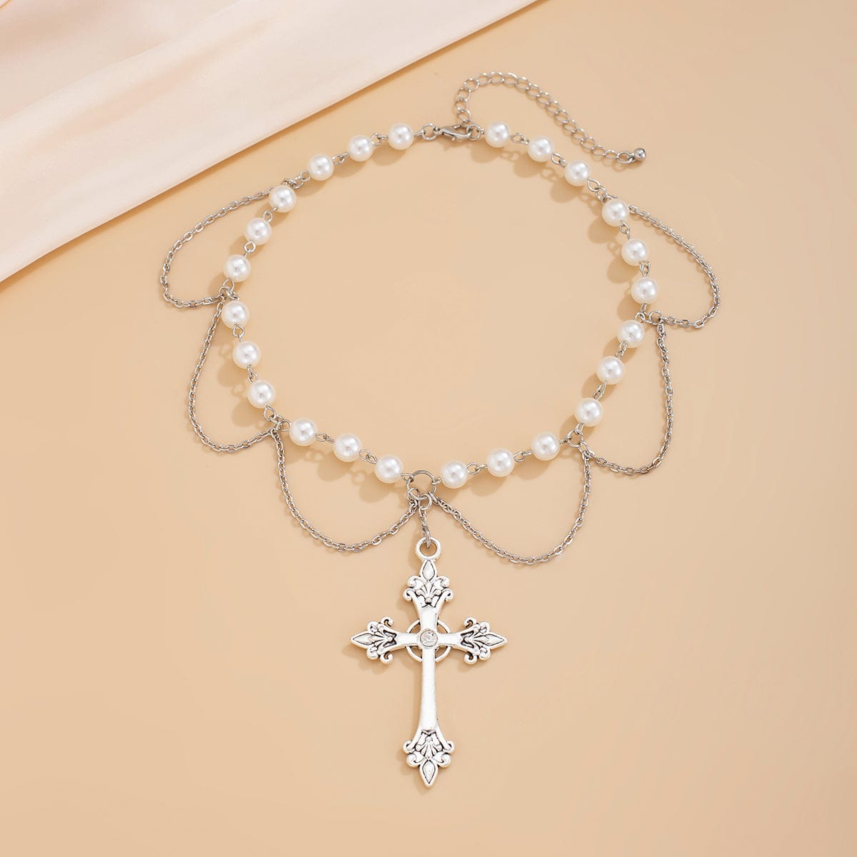 Chic Layered Cross Pendant Pearl Chain Necklace - ArtGalleryZen