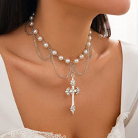 Thumbnail for Chic Layered Cross Pendant Pearl Chain Necklace - ArtGalleryZen