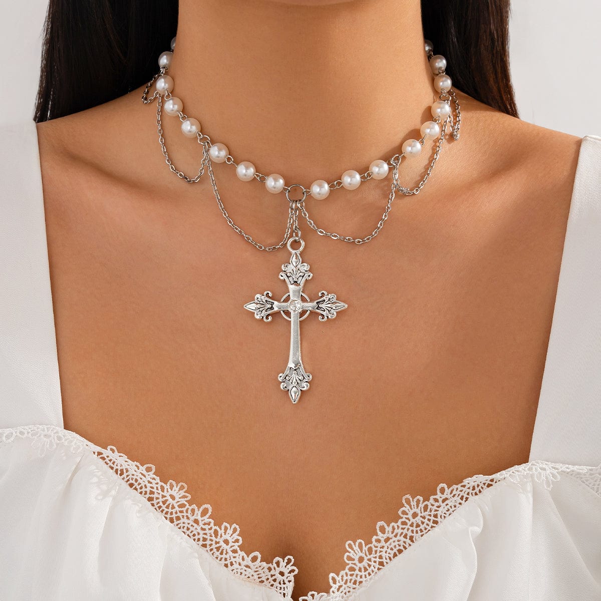 Chic Layered Cross Pendant Pearl Chain Necklace - ArtGalleryZen
