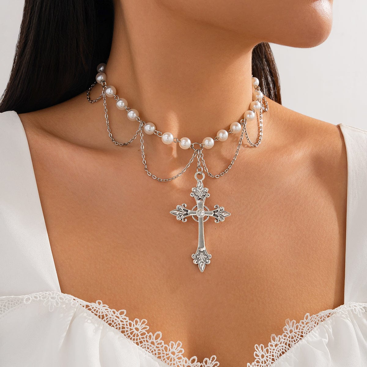 Chic Layered Cross Pendant Pearl Chain Necklace - ArtGalleryZen
