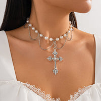 Thumbnail for Chic Layered Cross Pendant Pearl Chain Necklace - ArtGalleryZen