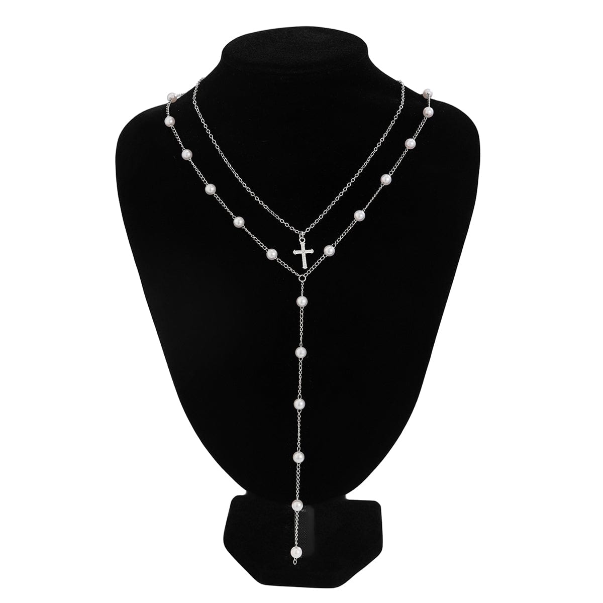 Chic Layered Cross Pendant Pearl Chain Y Necklace Set - ArtGalleryZen
