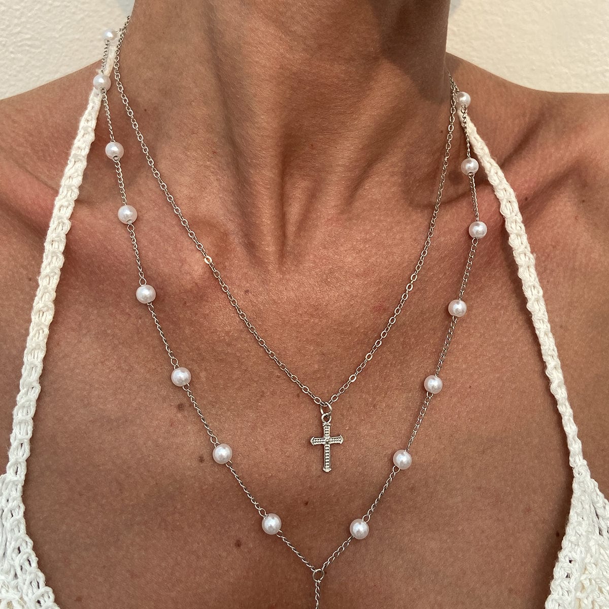 Chic Layered Cross Pendant Pearl Chain Y Necklace Set - ArtGalleryZen