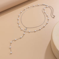 Thumbnail for Chic Layered Cross Pendant Pearl Chain Y Necklace Set - ArtGalleryZen
