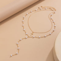Thumbnail for Chic Layered Cross Pendant Pearl Chain Y Necklace Set - ArtGalleryZen