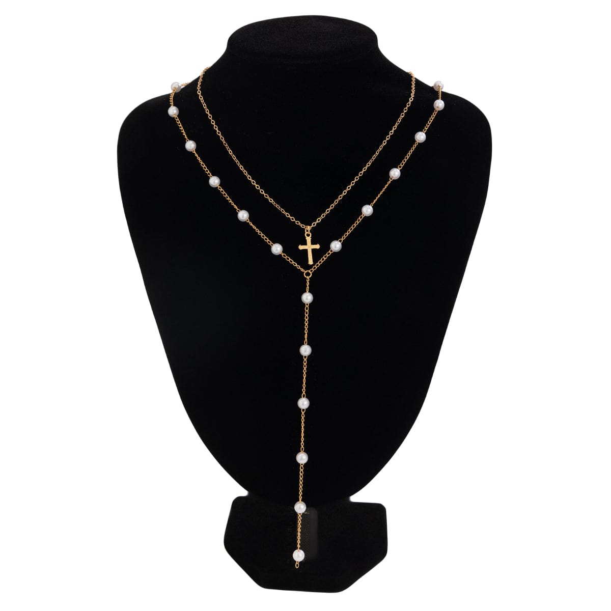 Chic Layered Cross Pendant Pearl Chain Y Necklace Set - ArtGalleryZen