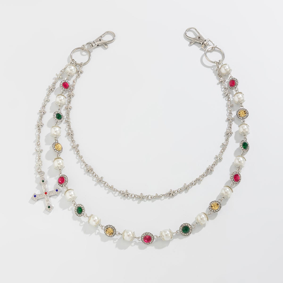 Chic Layered Cross Pendant Pearl Crystal Trouser Chain - ArtGalleryZen