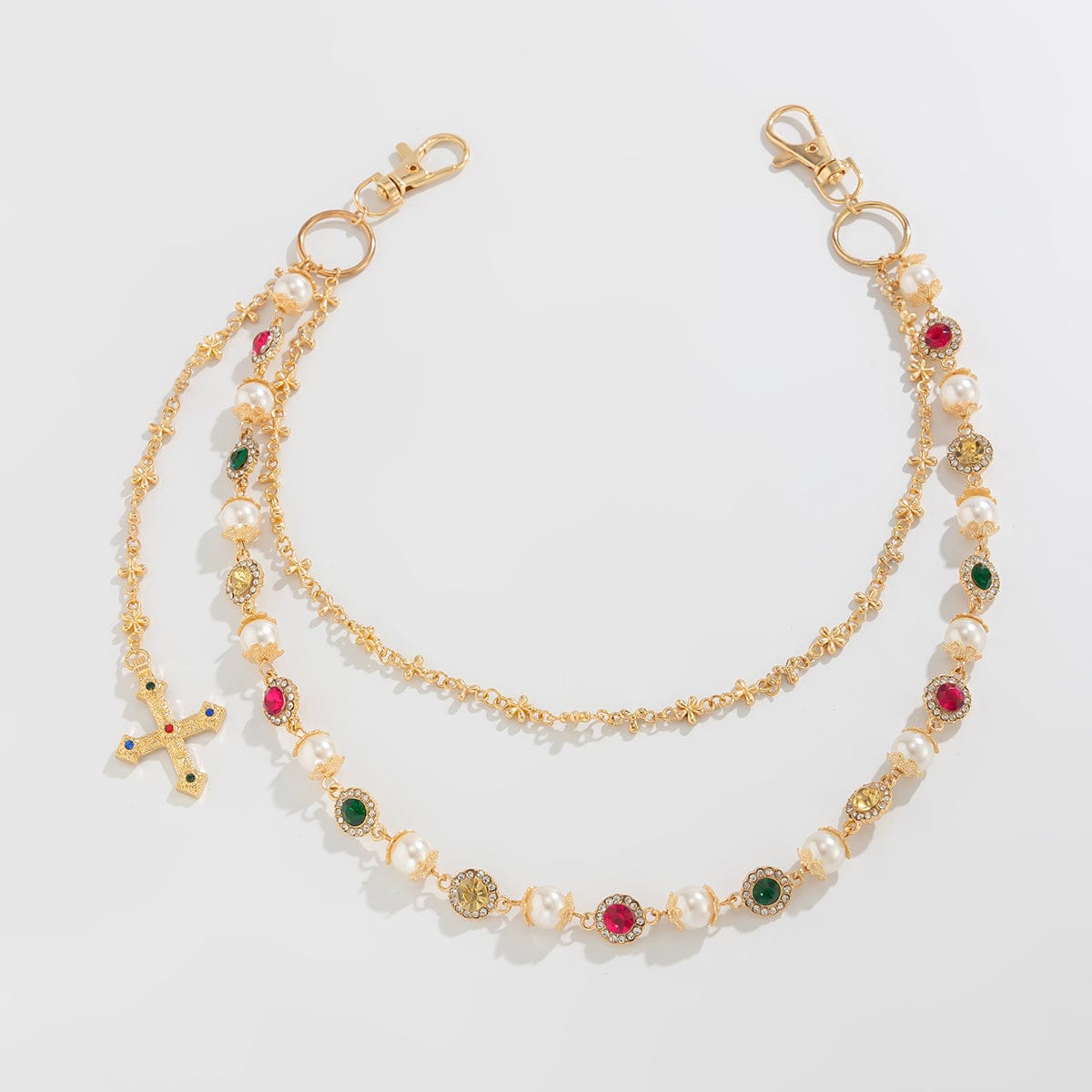 Chic Layered Cross Pendant Pearl Crystal Trouser Chain - ArtGalleryZen
