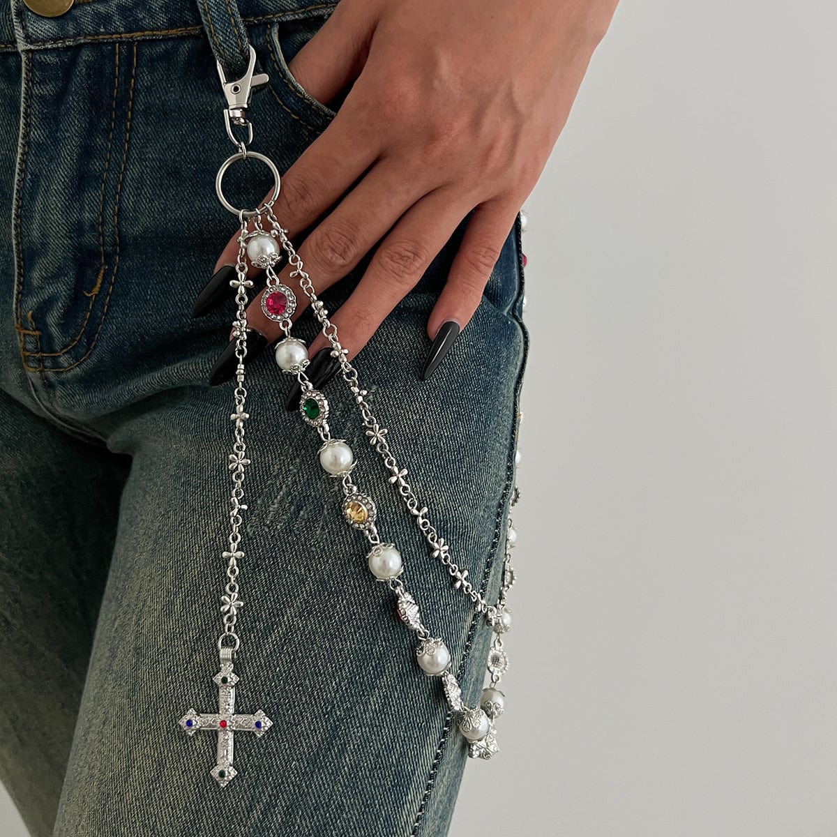 Chic Layered Cross Pendant Pearl Crystal Trouser Chain - ArtGalleryZen