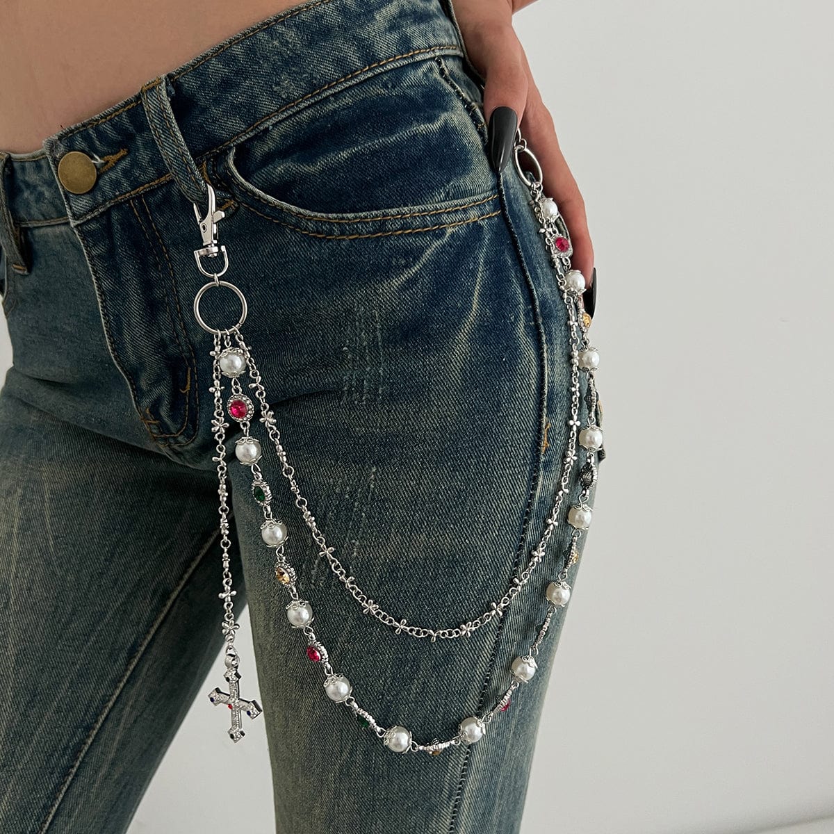 Chic Layered Cross Pendant Pearl Crystal Trouser Chain - ArtGalleryZen
