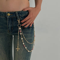 Thumbnail for Chic Layered Cross Pendant Pearl Crystal Trouser Chain - ArtGalleryZen