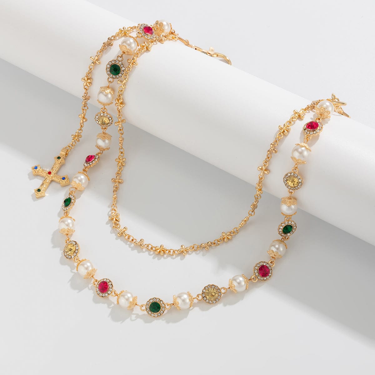 Chic Layered Cross Pendant Pearl Crystal Trouser Chain - ArtGalleryZen