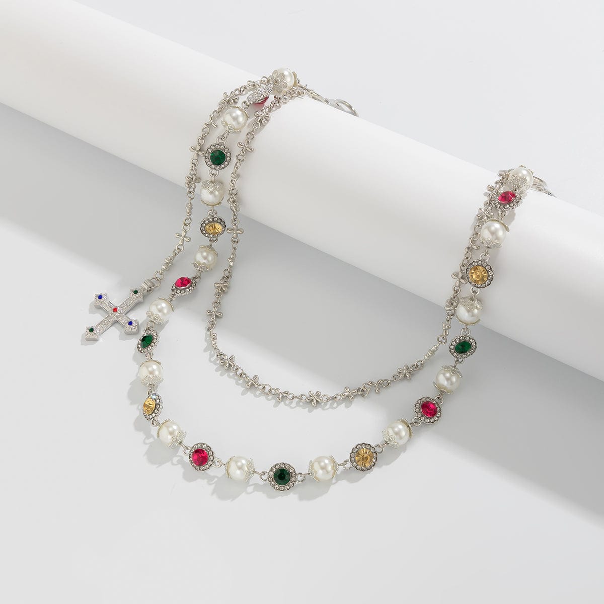 Chic Layered Cross Pendant Pearl Crystal Trouser Chain - ArtGalleryZen