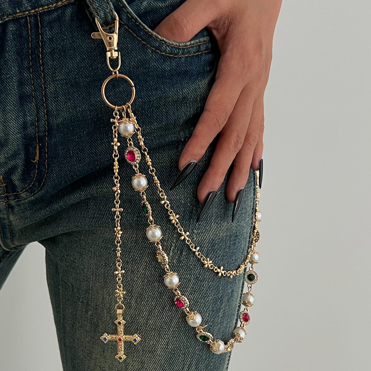 Chic Layered Cross Pendant Pearl Crystal Trouser Chain - ArtGalleryZen