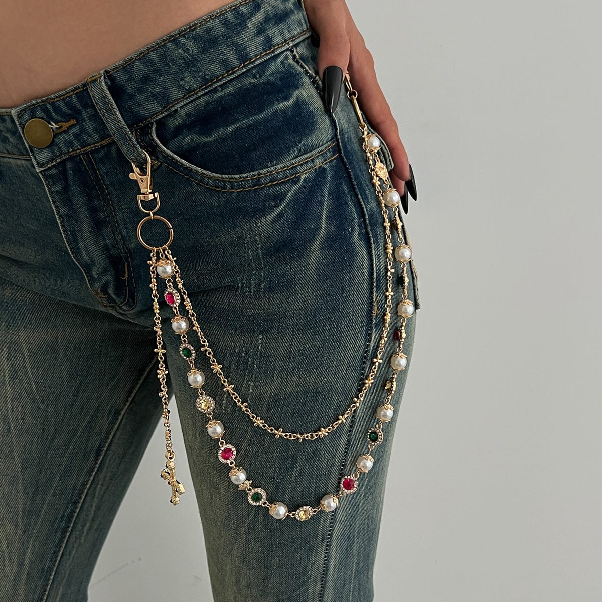 Chic Layered Cross Pendant Pearl Crystal Trouser Chain - ArtGalleryZen