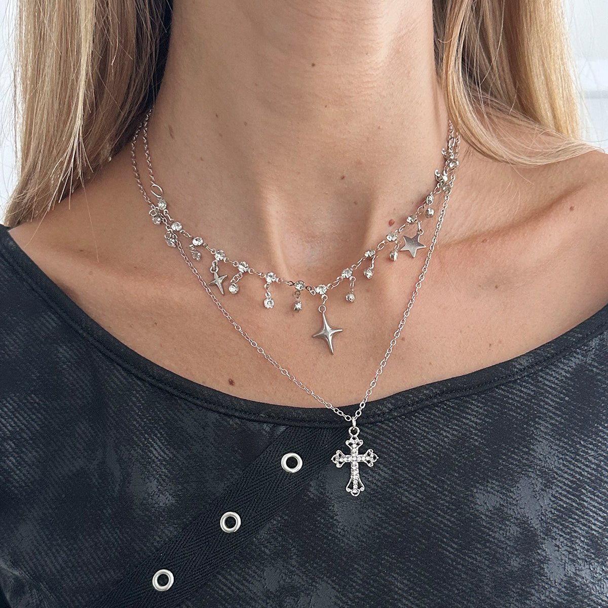 Chic Layered Cross Star Tassel Rhinestone Chain Necklace Set - ArtGalleryZen
