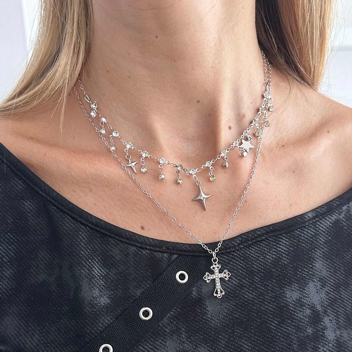 Chic Layered Cross Star Tassel Rhinestone Chain Necklace Set - ArtGalleryZen