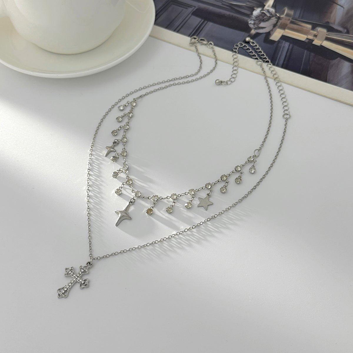Chic Layered Cross Star Tassel Rhinestone Chain Necklace Set - ArtGalleryZen