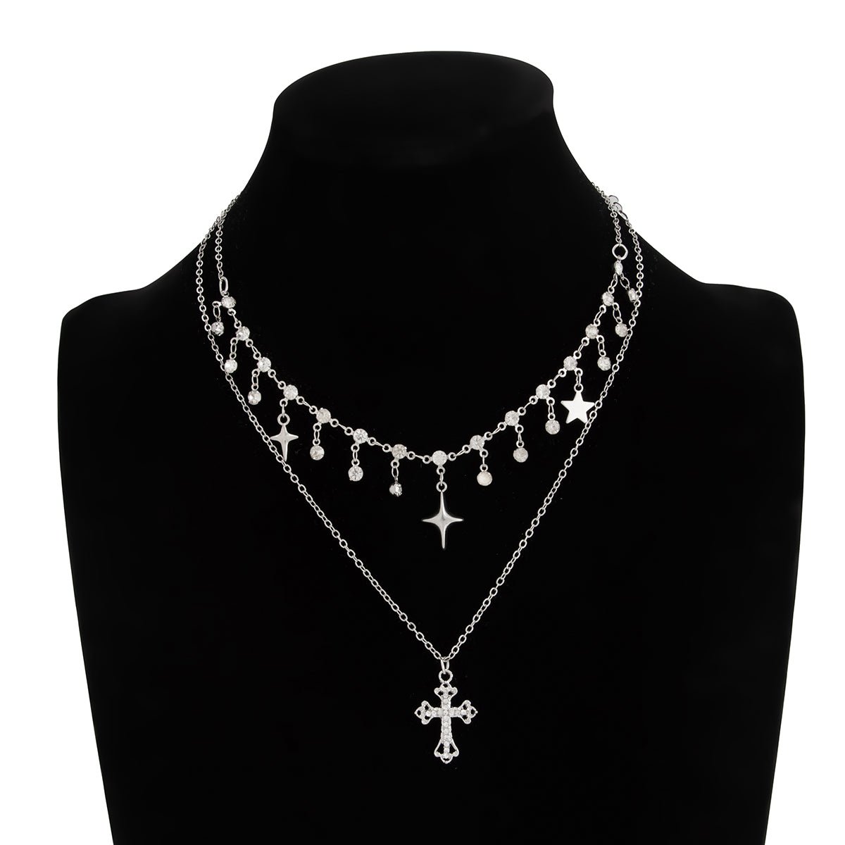 Chic Layered Cross Star Tassel Rhinestone Chain Necklace Set - ArtGalleryZen