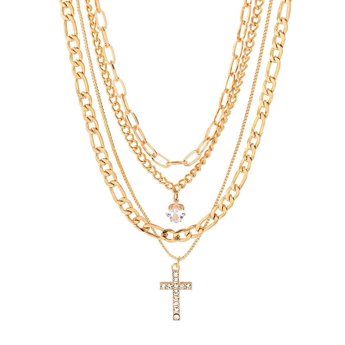 Chic Layered Crystal Neckl Curb Chain Cable Heart – Cross Pendant Figaro ArtGalleryZen