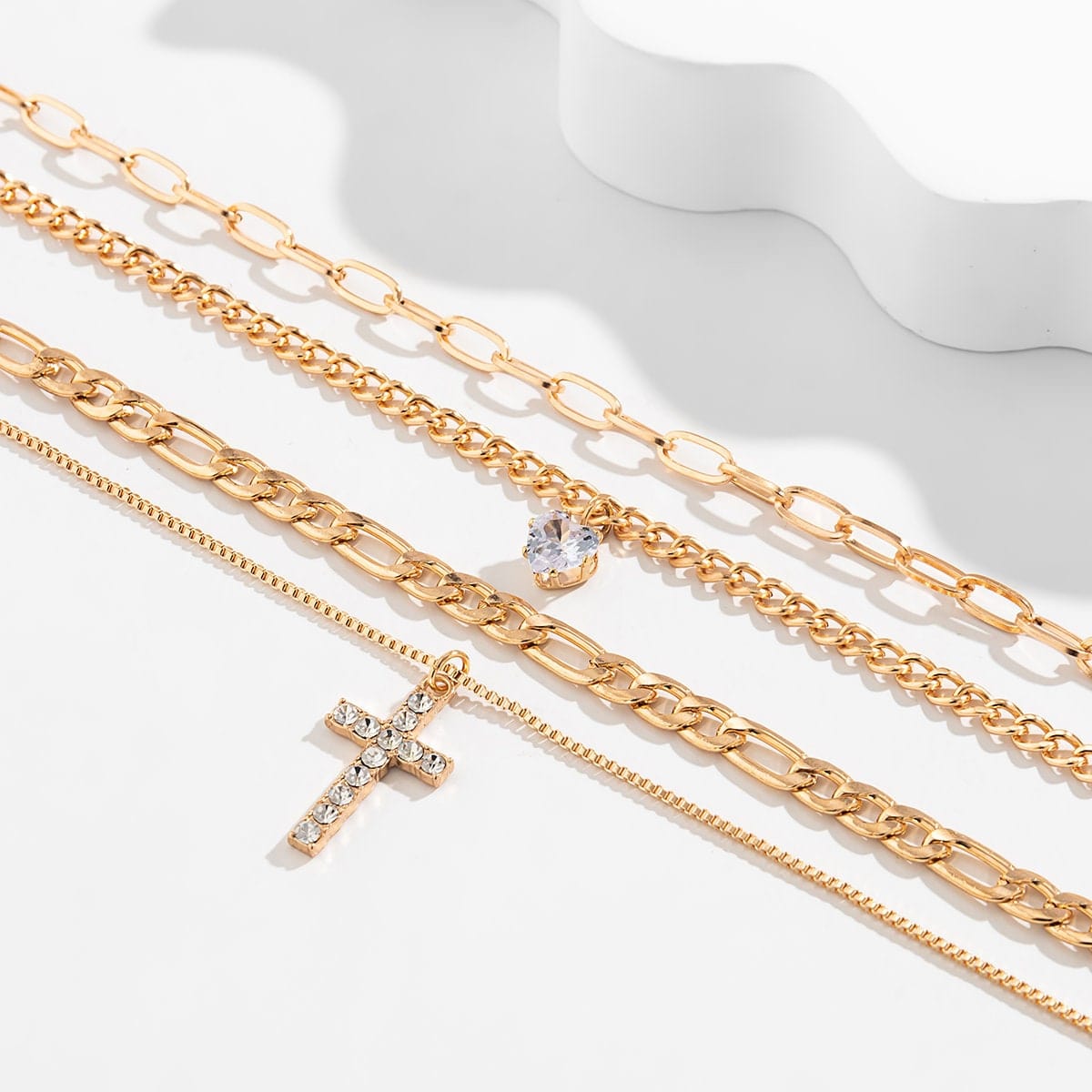 Curb Figaro Chain Pendant Heart Layered Cable – Chic Neckl Cross Crystal ArtGalleryZen