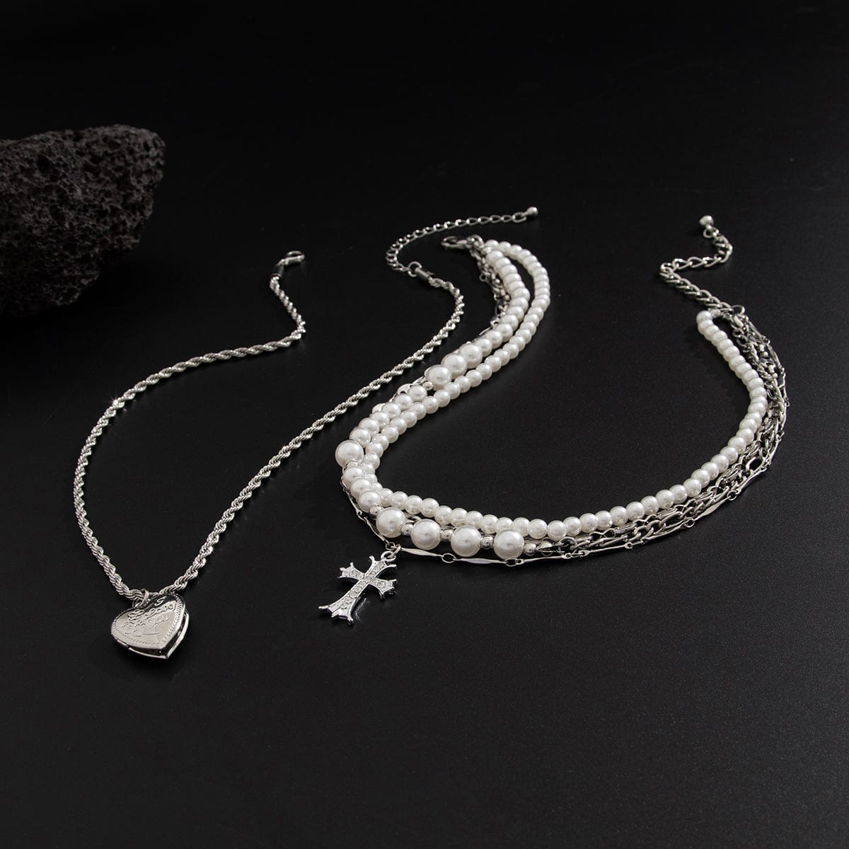 Chic Layered Crystal Inlaid Cross Heart Pendant Pearl Chain Necklace Set - ArtGalleryZen