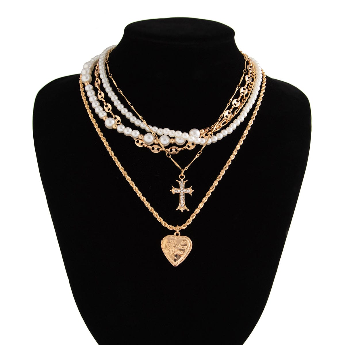 Chic Layered Crystal Inlaid Cross Heart Pendant Pearl Chain Necklace Set - ArtGalleryZen