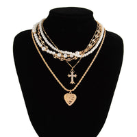 Thumbnail for Chic Layered Crystal Inlaid Cross Heart Pendant Pearl Chain Necklace Set - ArtGalleryZen