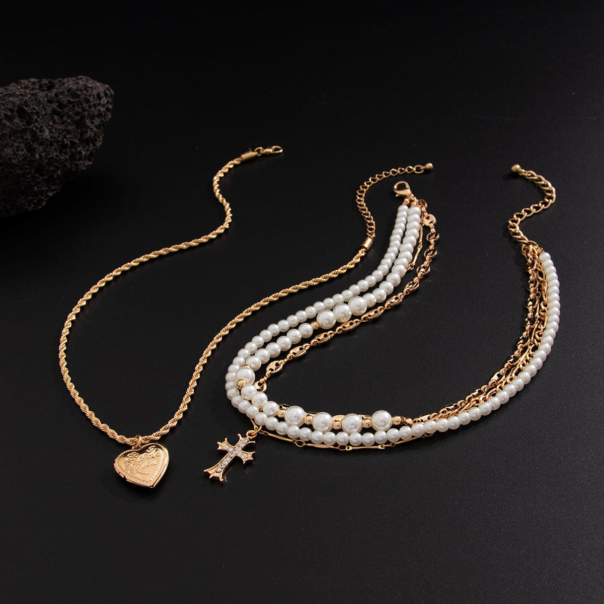 Chic Layered Crystal Inlaid Cross Heart Pendant Pearl Chain Necklace Set - ArtGalleryZen