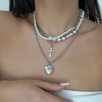 Thumbnail for Chic Layered Crystal Inlaid Cross Heart Pendant Pearl Chain Necklace Set - ArtGalleryZen