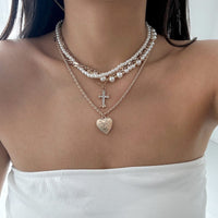 Thumbnail for Chic Layered Crystal Inlaid Cross Heart Pendant Pearl Chain Necklace Set - ArtGalleryZen
