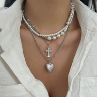 Thumbnail for Chic Layered Crystal Inlaid Cross Heart Pendant Pearl Chain Necklace Set - ArtGalleryZen