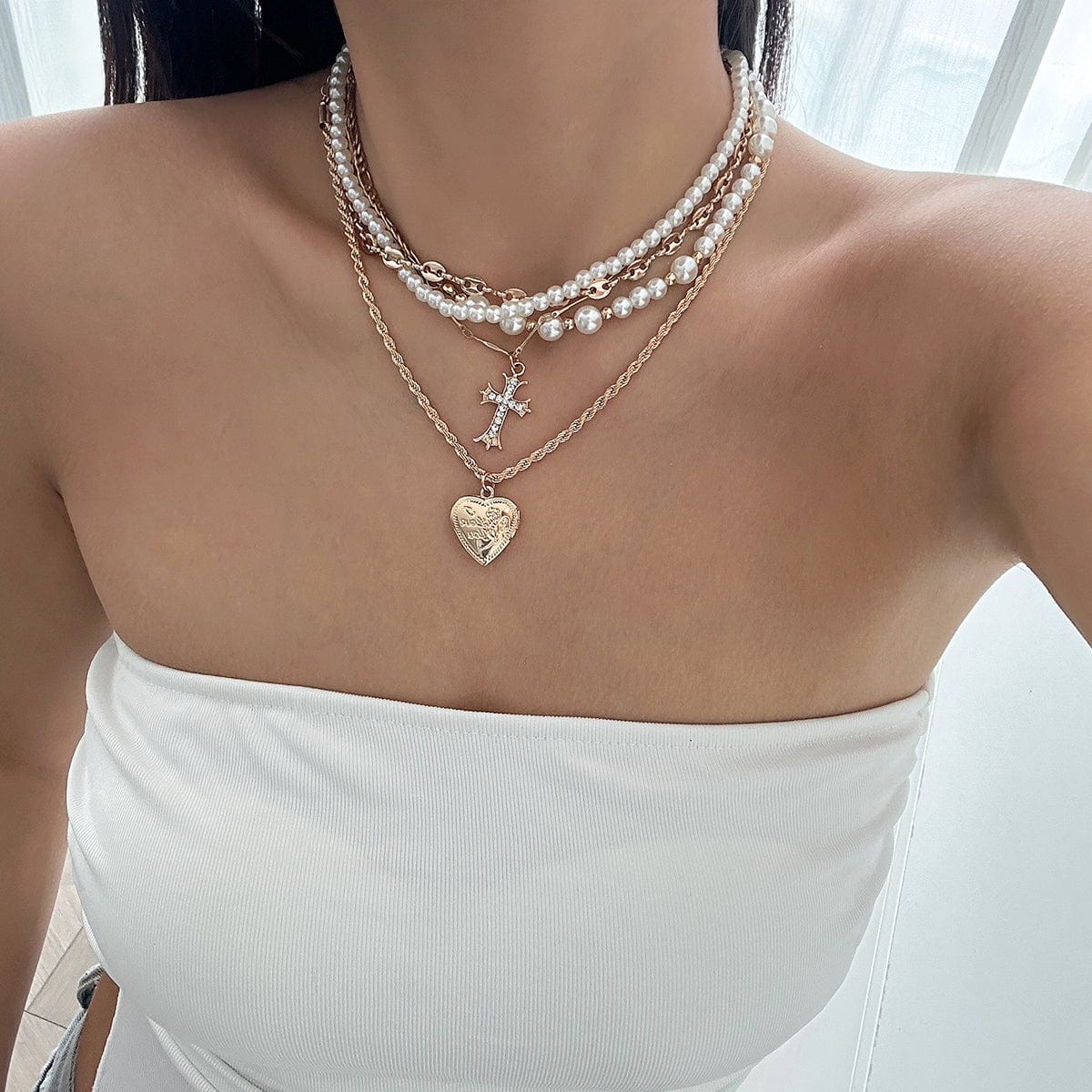 Chic Layered Crystal Inlaid Cross Heart Pendant Pearl Chain Necklace Set