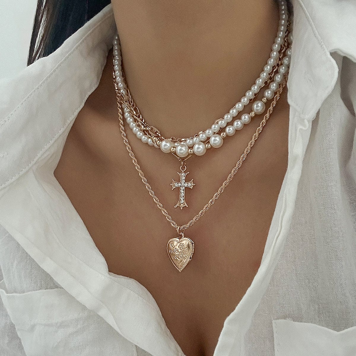 Chic Layered Crystal Inlaid Cross Heart Pendant Pearl Chain Necklace Set