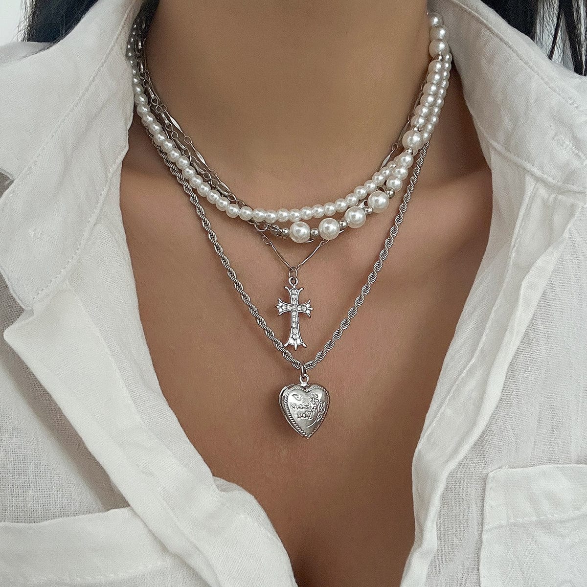 Chic Layered Crystal Inlaid Cross Heart Pendant Pearl Chain Necklace Set