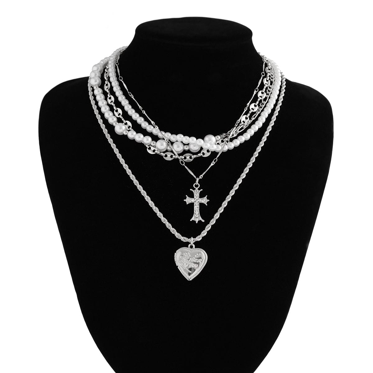 Chic Layered Crystal Inlaid Cross Heart Pendant Pearl Chain Necklace Set