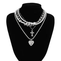 Thumbnail for Chic Layered Crystal Inlaid Cross Heart Pendant Pearl Chain Necklace Set