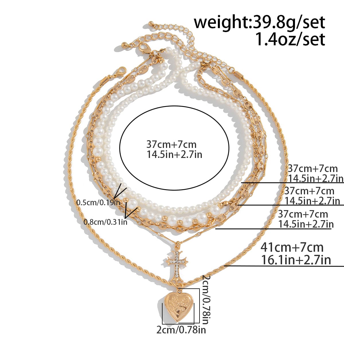 Chic Layered Crystal Inlaid Cross Heart Pendant Pearl Chain Necklace Set