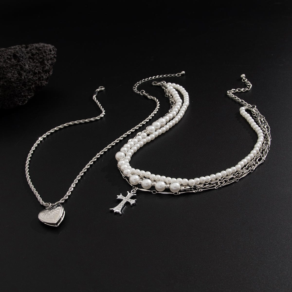 Chic Layered Crystal Inlaid Cross Heart Pendant Pearl Chain Necklace Set