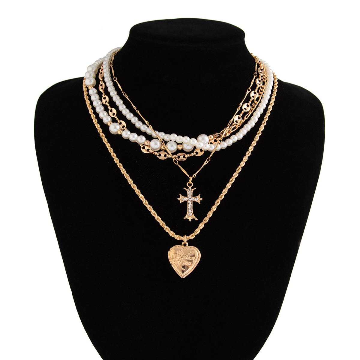 Chic Layered Crystal Inlaid Cross Heart Pendant Pearl Chain Necklace Set